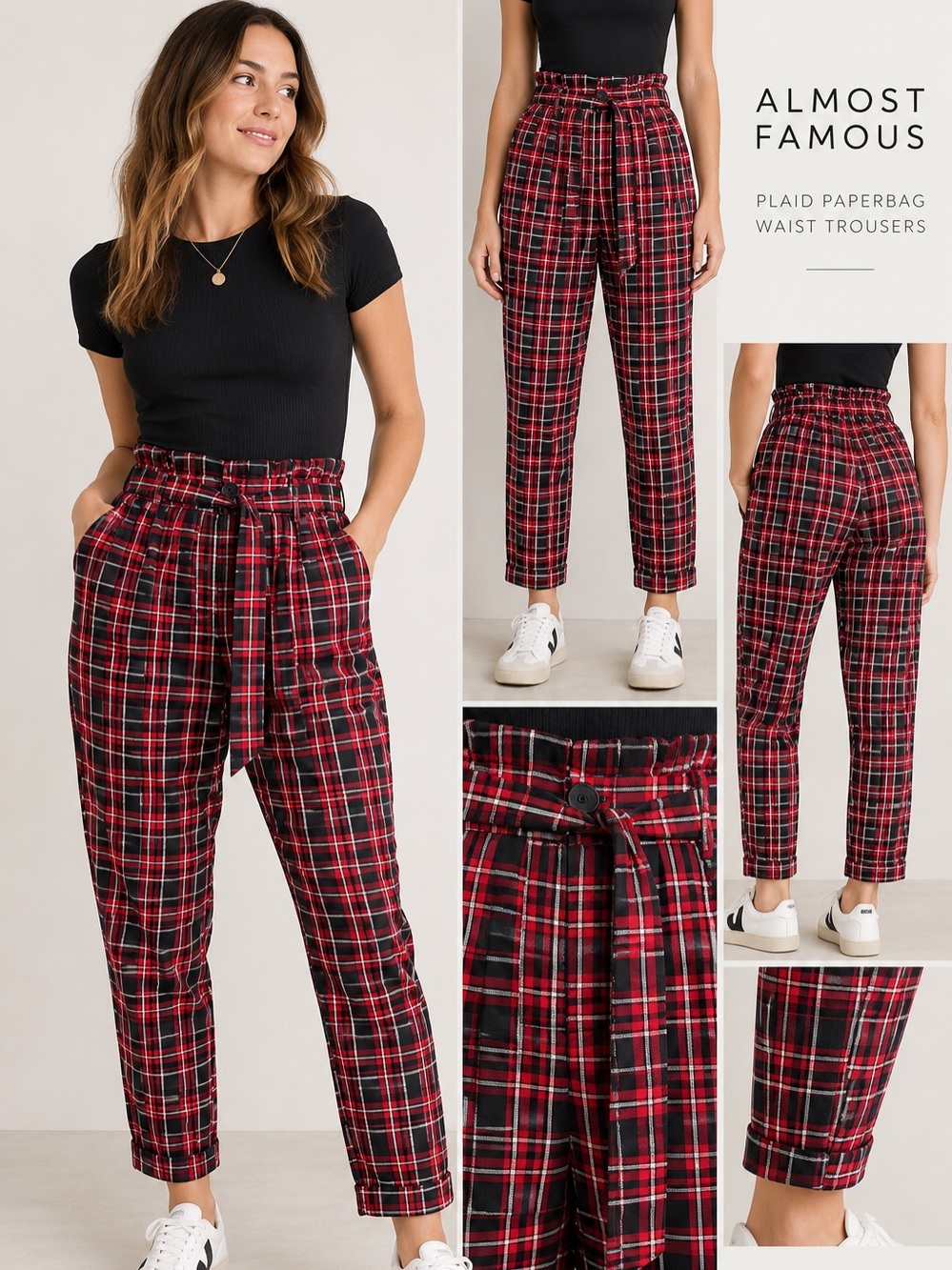 Almost Famous High Waist Red Plaid Paper Bag Waist Pants Size XL 90s Retro Y2K